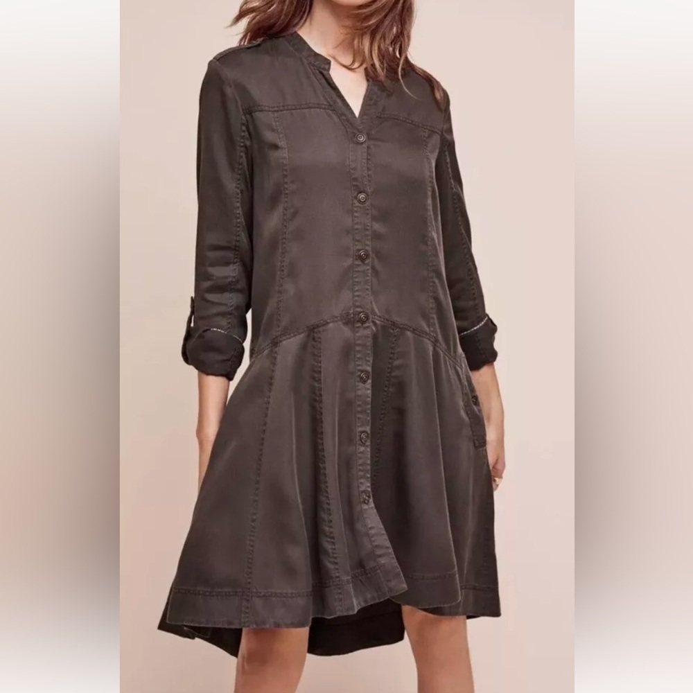 Holding Horses Anthropologie Olive Green Mariona Swing Shirt Dress Petites 6P